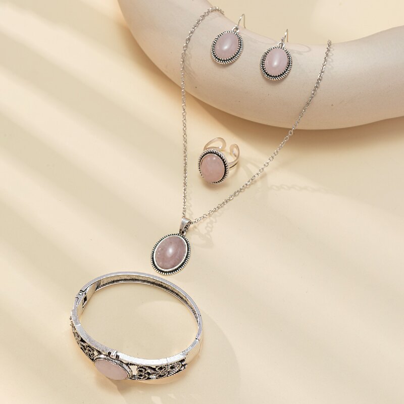 Wholesale Ethnic style four-piece natural stone tiger eye stone necklace earrings ring bracelet jewelry set